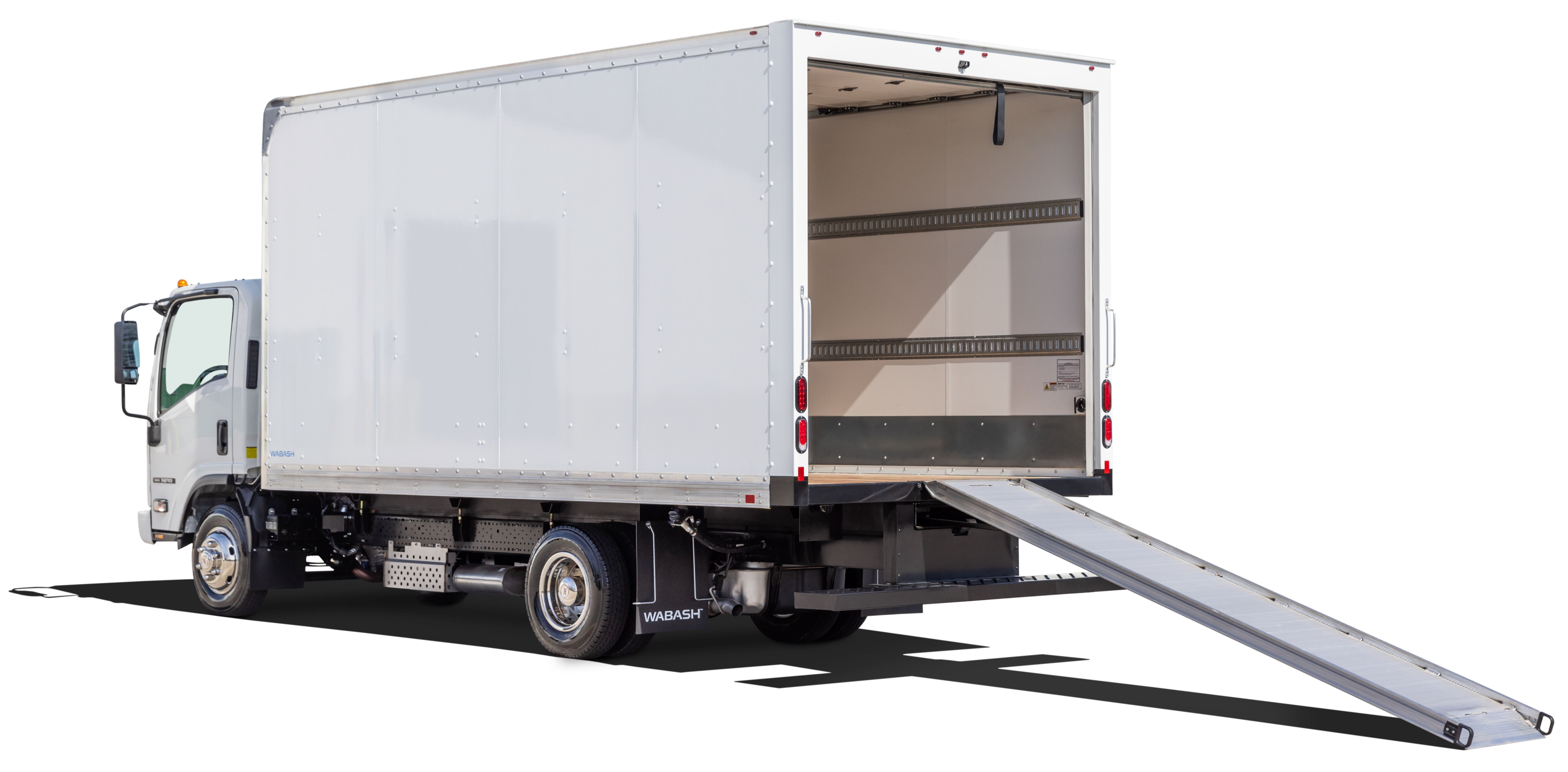 Rear of truck body with ramp extended.